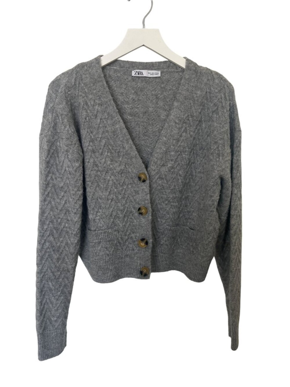 Zara Gray Button-Up Chevron Knit Cardigan Sweater - Picture 1 of 5